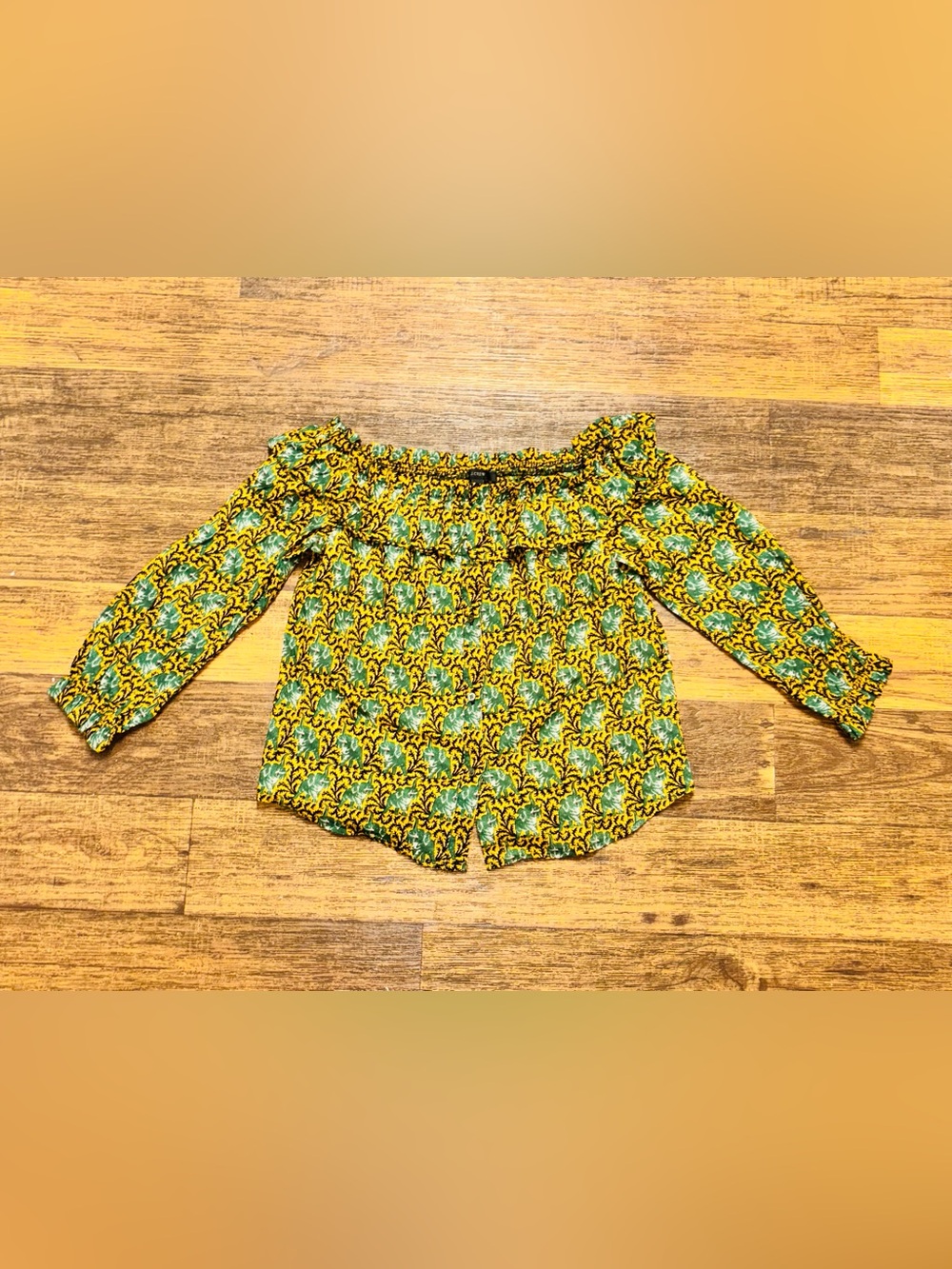 J. Crew Yellow and Green Off-Shoulder Smocked Blouse